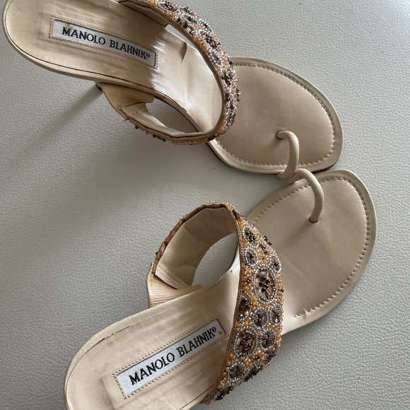 Manolo Blahnik size 36 1/2 creme beaded mules 3" - Picture 1 of 3